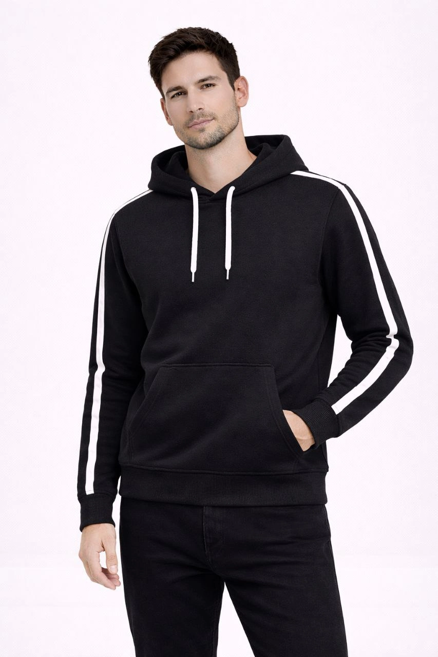 Erkek Şeritli Kapüşonlu Sweatshirt Oversize 3 iplik Pamuklu Hoodei – Siyah