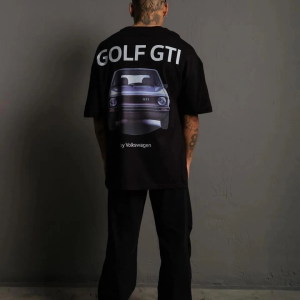 Erkek Oversize Tişört Golf GTI Retro Araba Baskılı T-shirt – Siyah