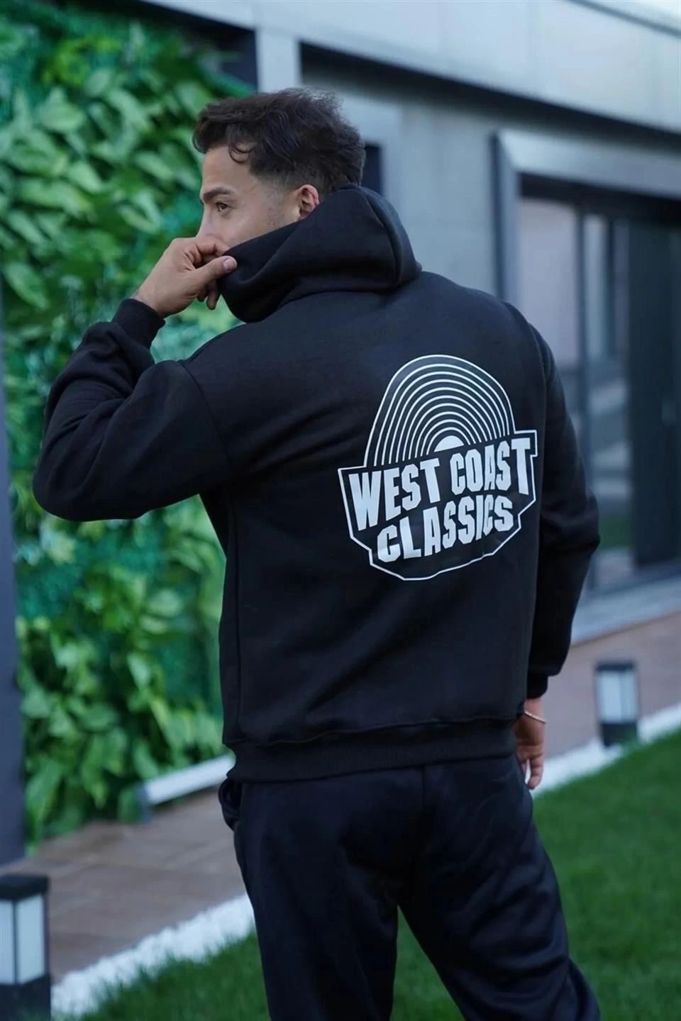 Erkek 3 İplik Pamuklu Kapüşonlu Baskılı Cepli Oversize Sweatshirt Hoodie - Siyah - Image 3
