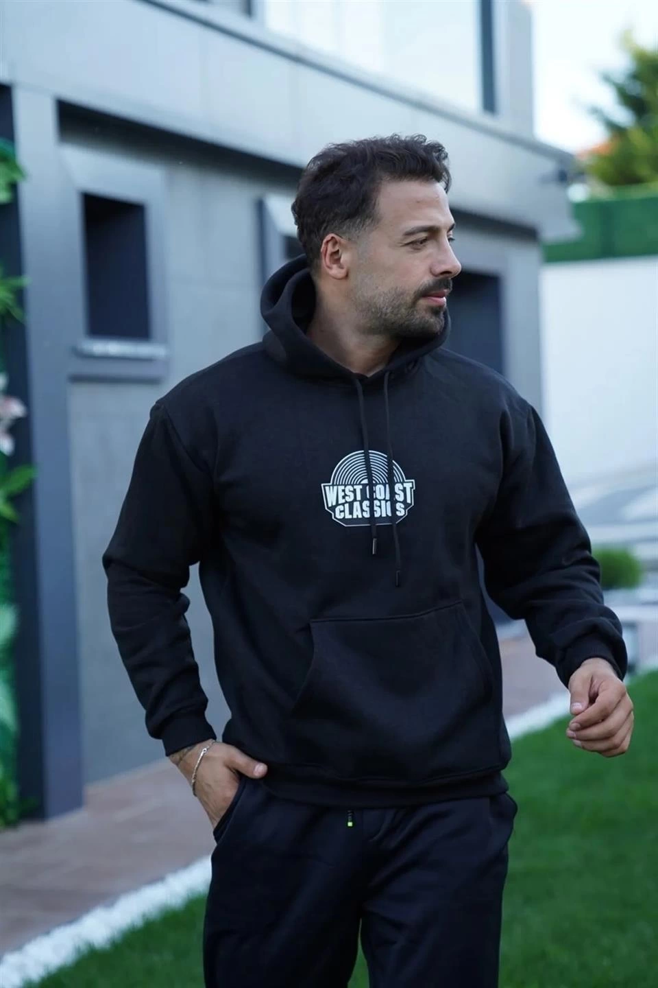 Erkek 3 İplik Pamuklu Kapüşonlu Baskılı Cepli Oversize Sweatshirt Hoodie - Siyah - Image 4