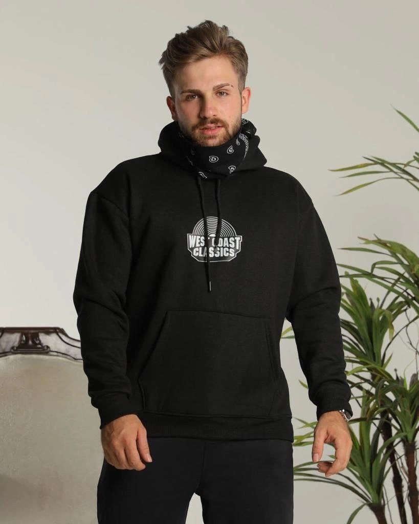 Erkek 3 İplik Pamuklu Kapüşonlu Baskılı Cepli Oversize Sweatshirt Hoodie - Siyah - Image 5