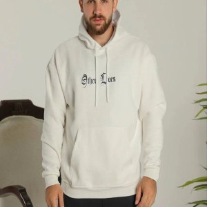 Erkek Kapüşonlu Kanguru Cepli Sweatshirt 3 İplik Pamuklu Baskılı Hoodie – Beyaz