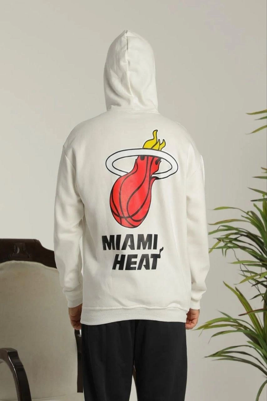 Erkek 3 İplik Pamuklu Kapüşonlu Baskılı Cepli Oversize Sweatshirt Hoodie - Beyaz - Image 2