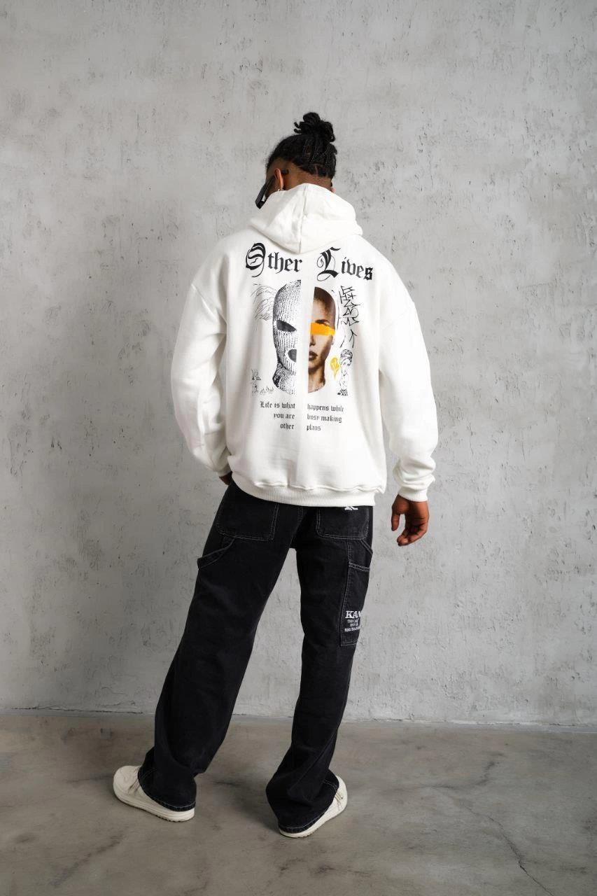 Erkek Kapüşonlu Kanguru Cepli Sweatshirt 3 İplik Pamuklu Baskılı Hoodie – Beyaz