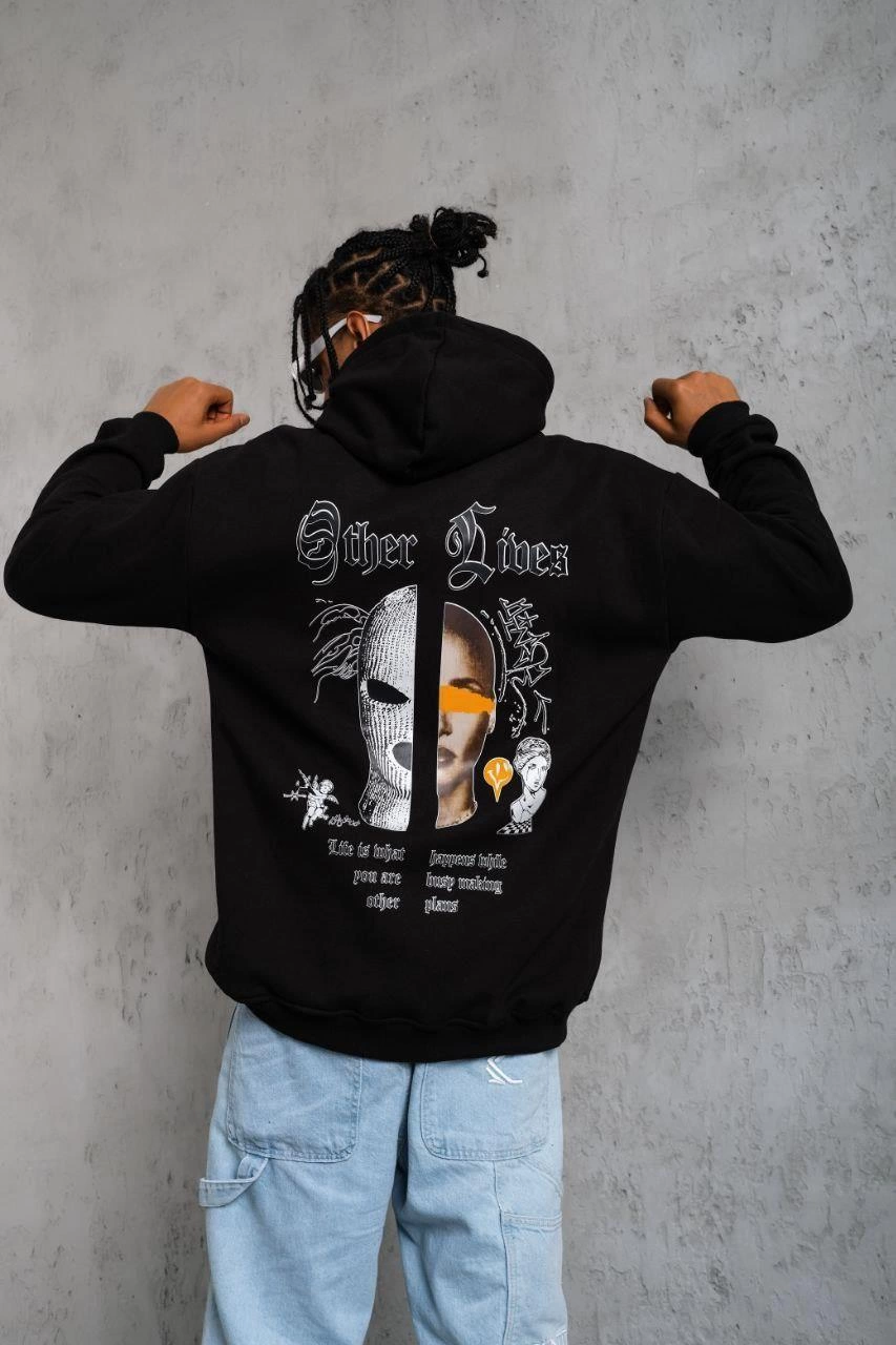 Erkek Kapüşonlu Kanguru Cepli Sweatshirt 3 İplik Pamuklu Baskılı Hoodie – Siyah