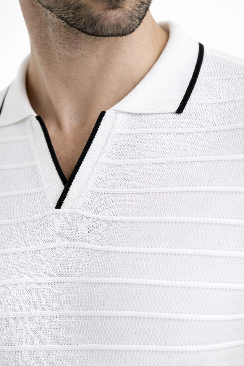 Erkek Yazlık Dokuma Triko Tişört Düğmesiz Polo Yaka Kısa Kol T-Shirt – Beyaz