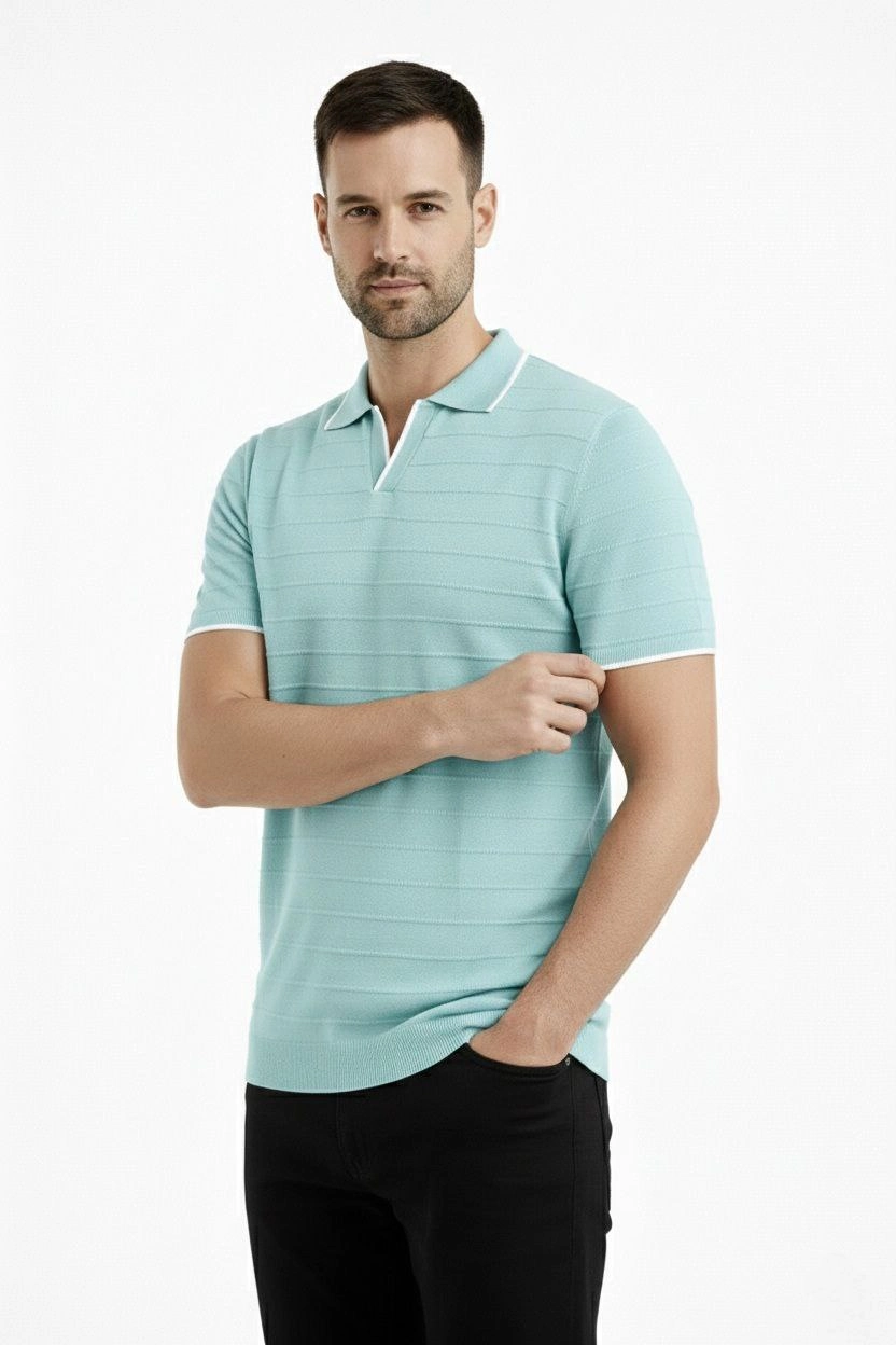 Erkek Yazlık Dokuma Triko Tişört Düğmesiz Polo Yaka Kısa Kol T-Shirt – Mint yeşili