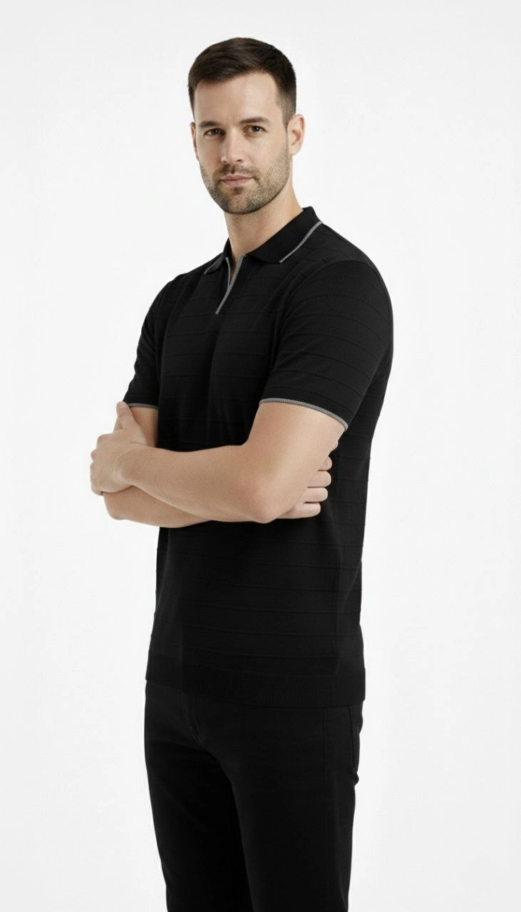 Erkek Yazlık Dokuma Triko Tişört Düğmesiz Polo Yaka Kısa Kol T-Shirt – Siyah