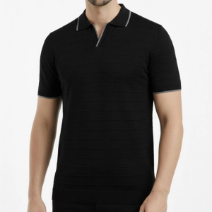 Erkek Yazlık Dokuma Triko Tişört Düğmesiz Polo Yaka Kısa Kol T-Shirt – Siyah