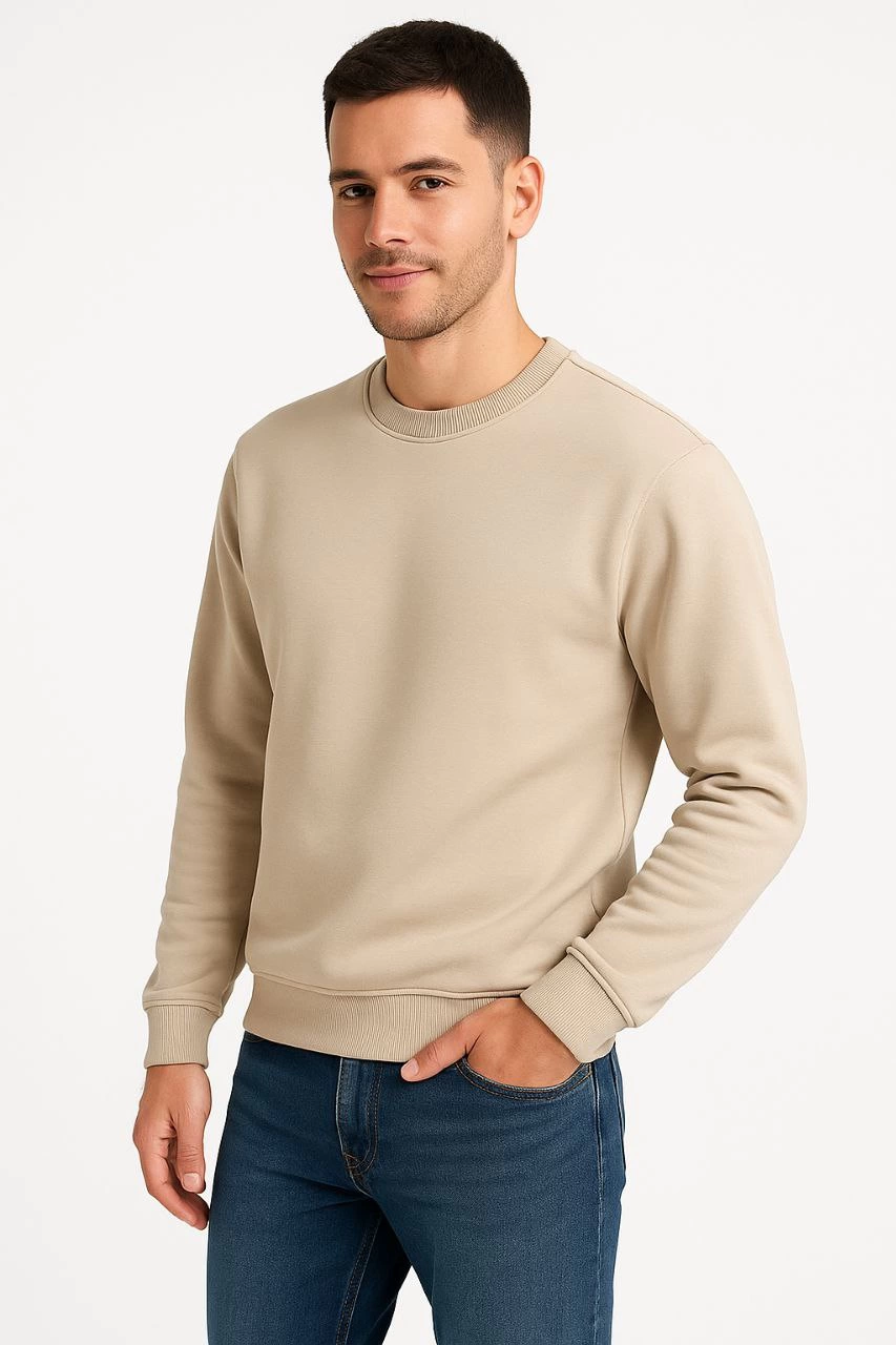Erkek 3 İplik Pamuklu Düz Bisiklet Yaka SweatShirt – Bej