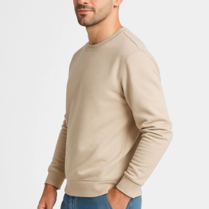 Erkek 3 İplik Pamuklu Düz Bisiklet Yaka SweatShirt – Bej
