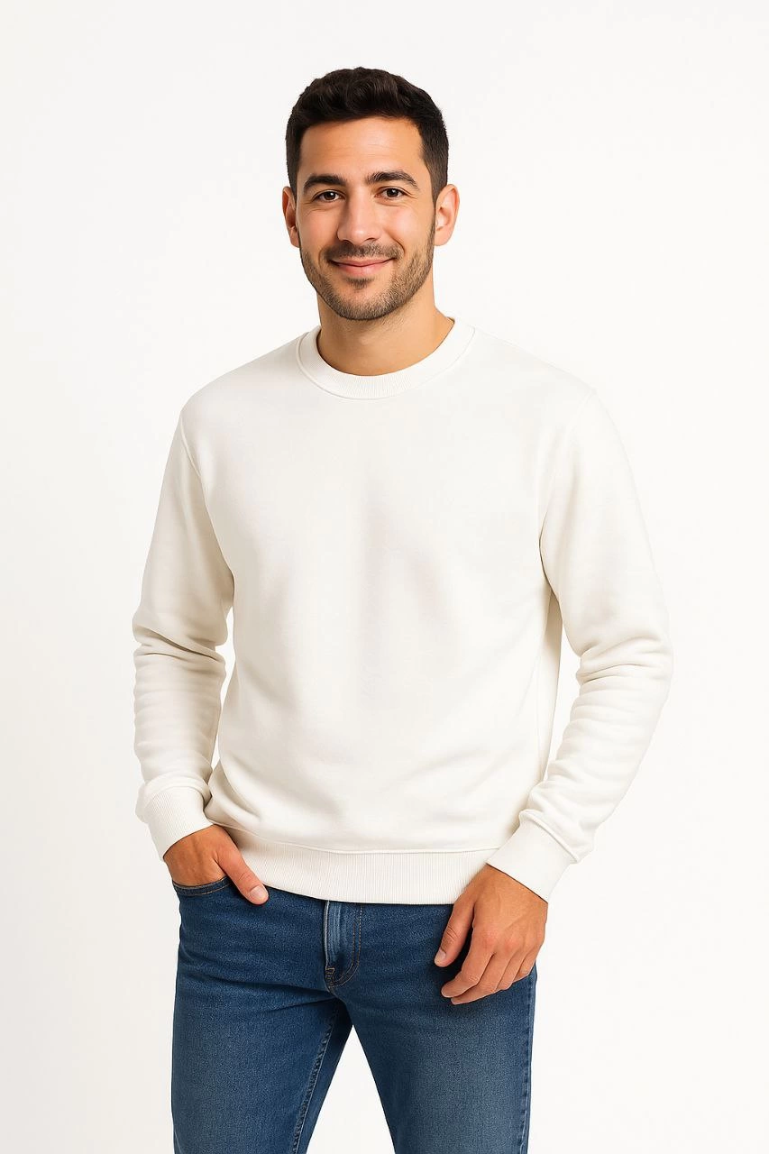 Erkek 3 İplik Pamuklu Düz Bisiklet Yaka SweatShirt – Beyaz