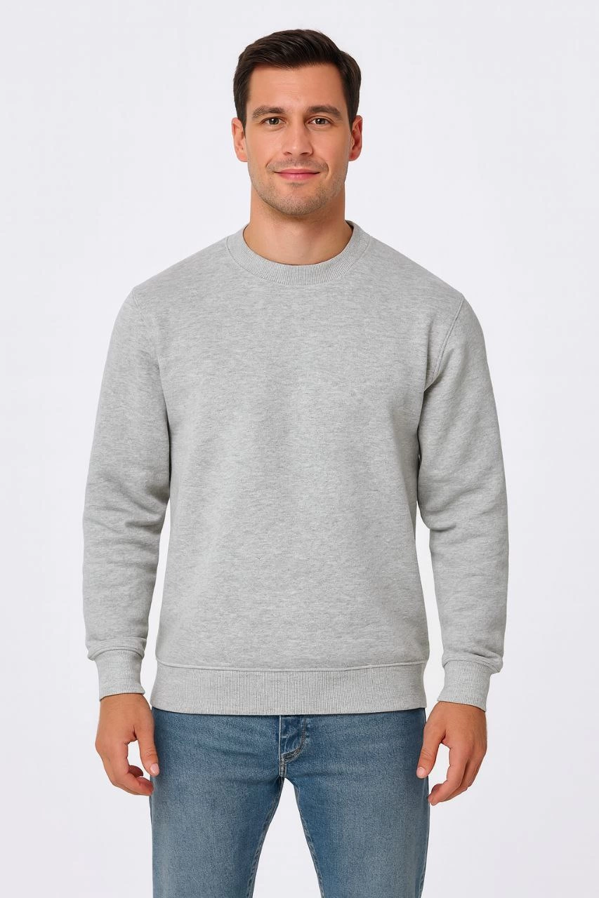 Erkek 3 İplik Pamuklu Düz Bisiklet Yaka SweatShirt – Gri