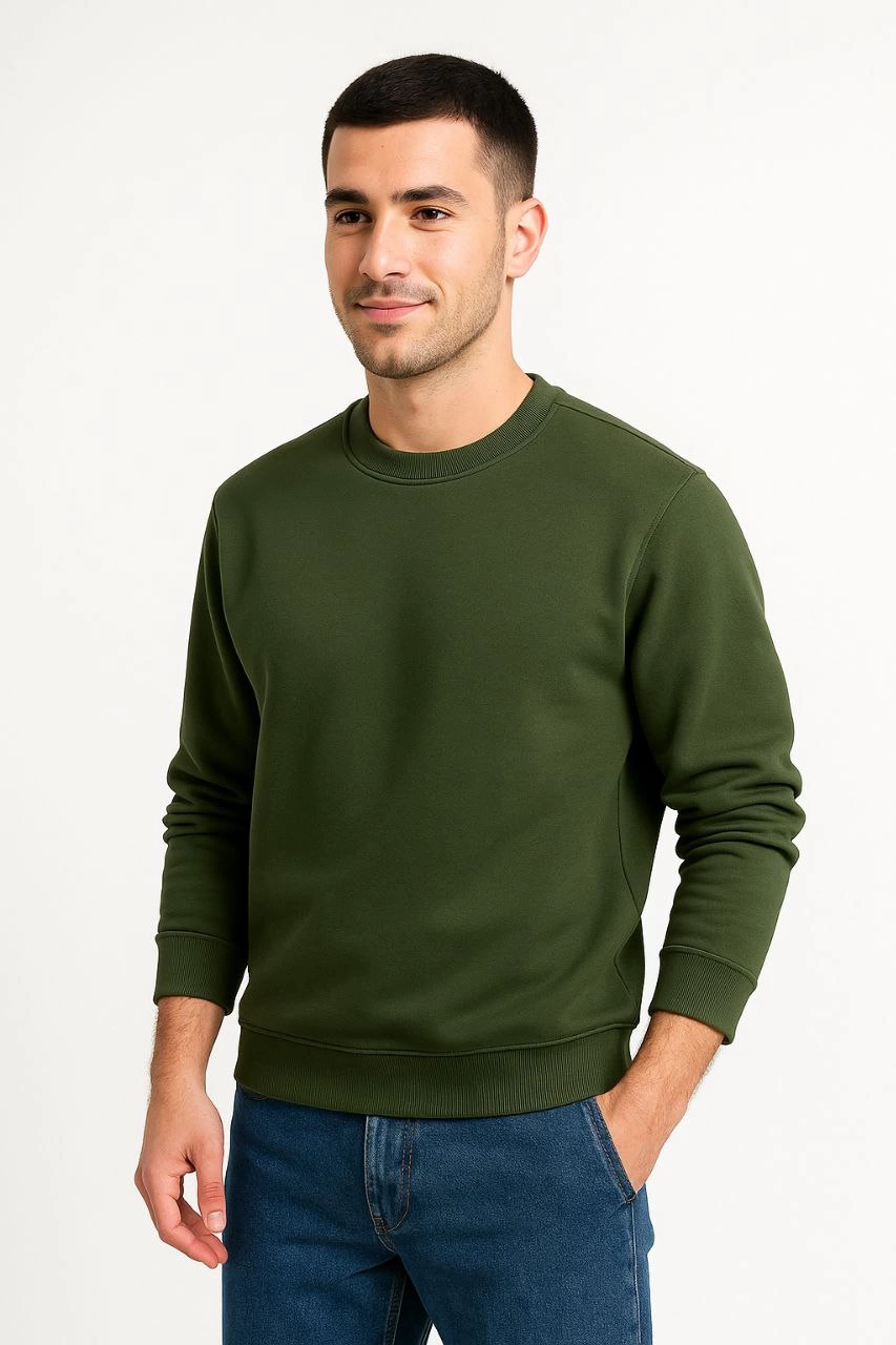 Erkek 3 İplik Pamuklu Düz Bisiklet Yaka SweatShirt – Haki