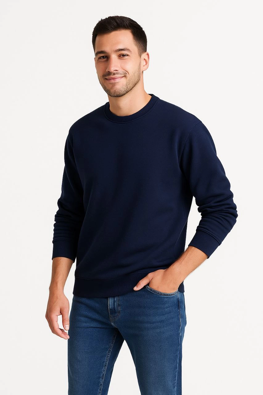 Erkek 3 İplik Pamuklu Düz Bisiklet Yaka SweatShirt – Lacivert