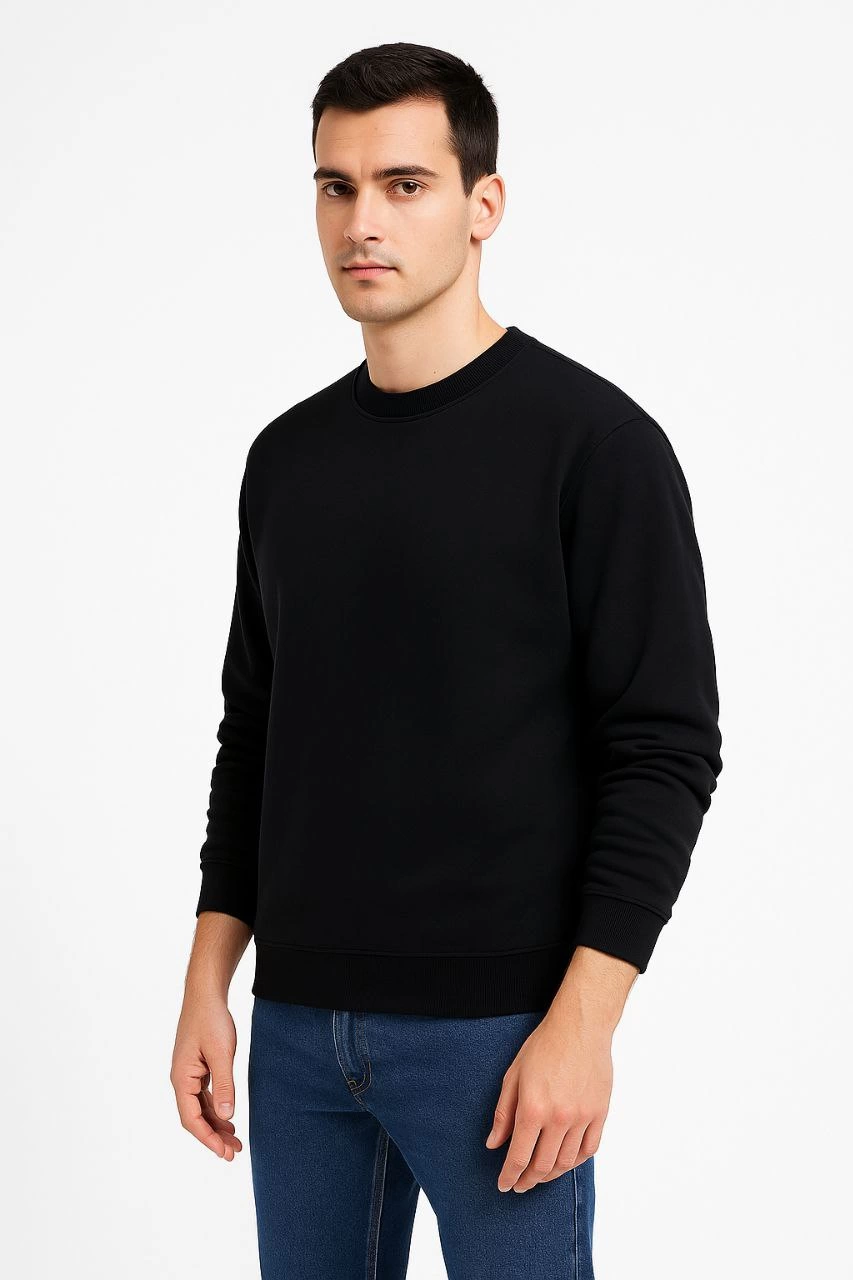 Erkek 3 İplik Pamuklu Düz Bisiklet Yaka SweatShirt – Siyah