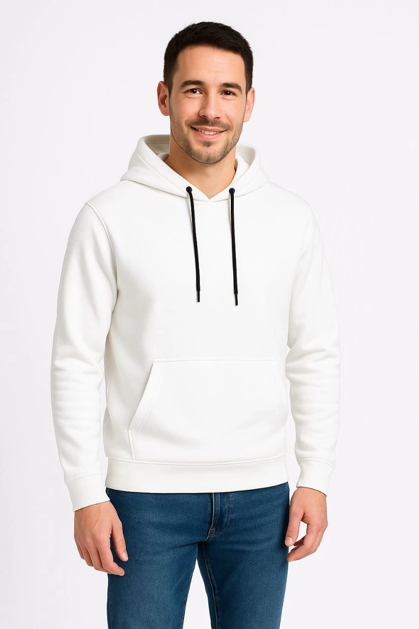 Erkek 3 İplik Pamuklu Kapüşonlu Kanguru Cepli SweatShirt hoodie – Beyaz