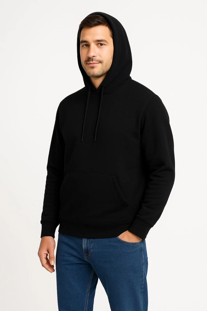 Erkek 3 İplik Pamuklu Kapüşonlu Kanguru Cepli SweatShirt hoodie – Siyah