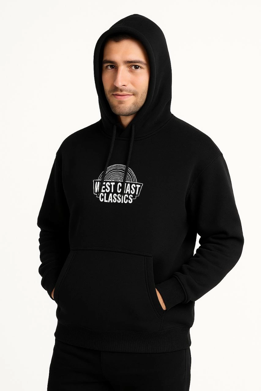 Erkek Kapüşonlu Kanguru Cepli Sweatshirt 3 İplik Pamuklu Baskılı Hoodie – Siyah