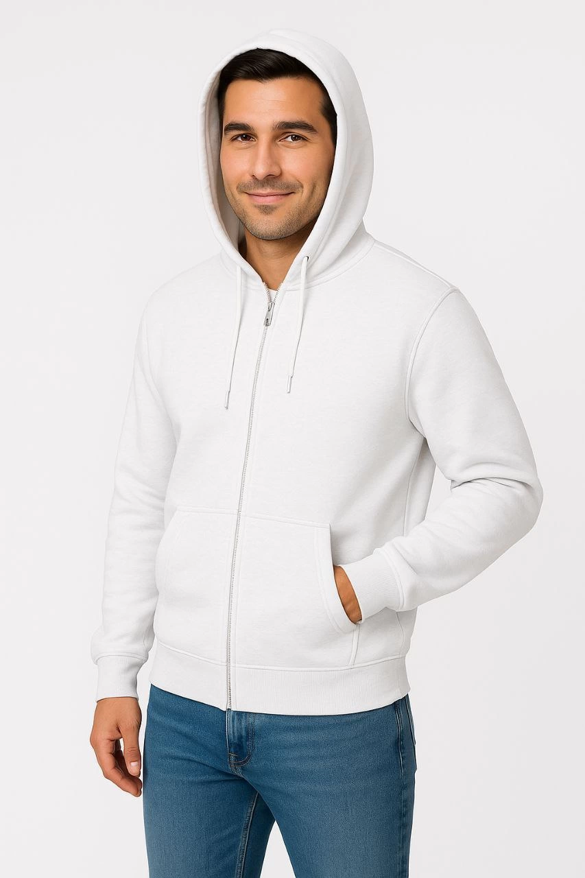 Erkek 3 İplik Pamuklu Kapüşonlu Tam Fermuarlı Cepli Hoodie Sweatshirt – Beyaz