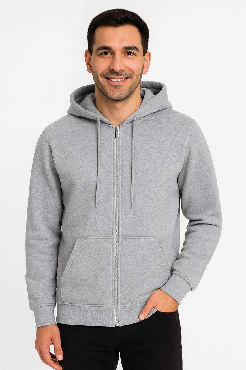Erkek 3 İplik Pamuklu Kapüşonlu Tam Fermuarlı Cepli Hoodie Sweatshirt – Gri
