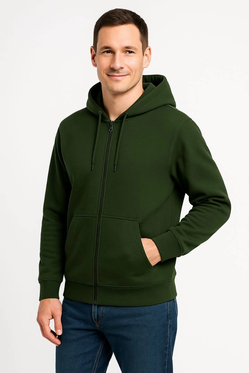 Erkek 3 İplik Pamuklu Kapüşonlu Tam Fermuarlı Cepli Hoodie Sweatshirt – Haki