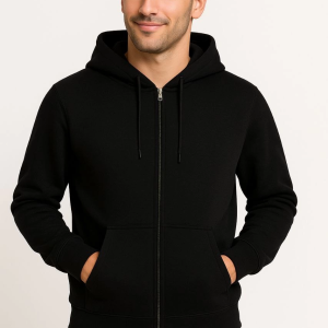 Erkek 3 İplik Pamuklu Kapüşonlu Tam Fermuarlı Cepli Hoodie Sweatshirt – Siyah