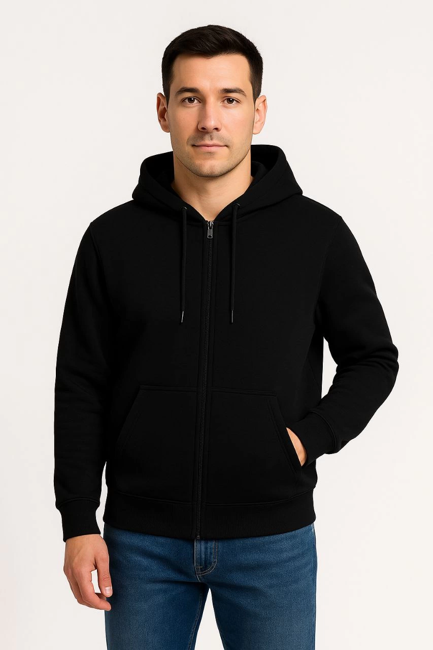 Erkek 3 İplik Pamuklu Kapüşonlu Tam Fermuarlı Cepli Hoodie Sweatshirt – Siyah