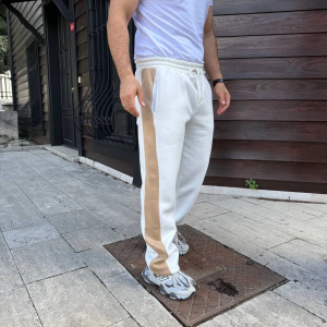 Erkek 3 İplik Pamukku Garnili Şeritli Cepli Eşofman Altı Pantolon – Beyaz