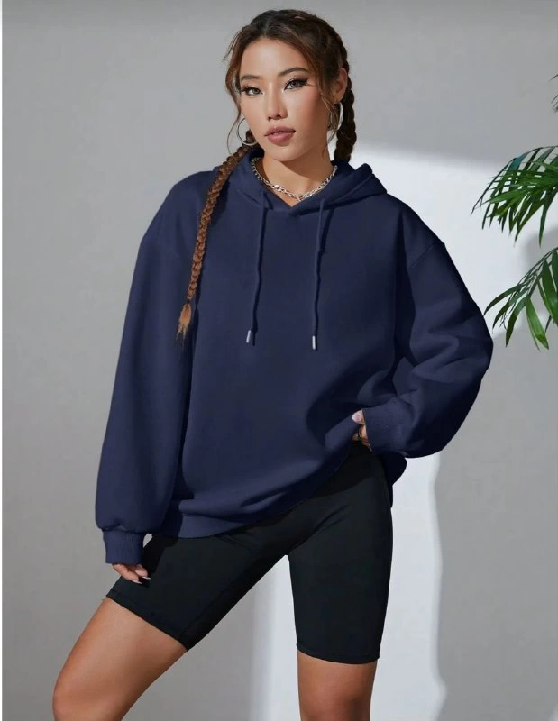 Kadın Kapüşonlu Kanguru Cepli 3 İplik Pamuklu Oversize Hoodie Sweatshirt – Lacivert