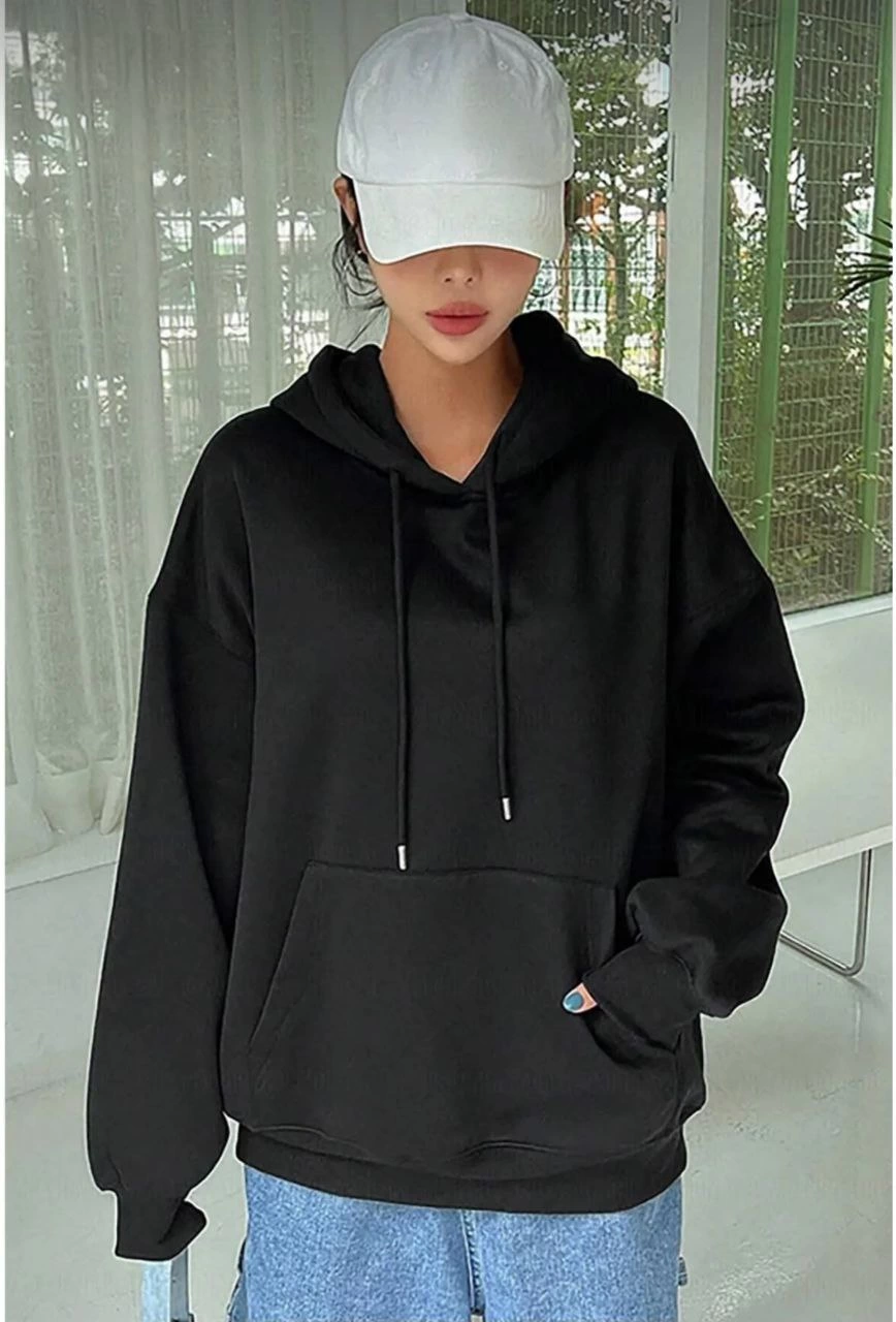 Kadın Kapüşonlu Kanguru Cepli 3 İplik Pamuklu Oversize Hoodie Sweatshirt – Siyah