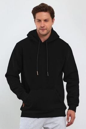 Erkek 3 İplik Pamuklu Kapüşonlu Cepli Oversize Hoodie Sweatshirt – Siyah