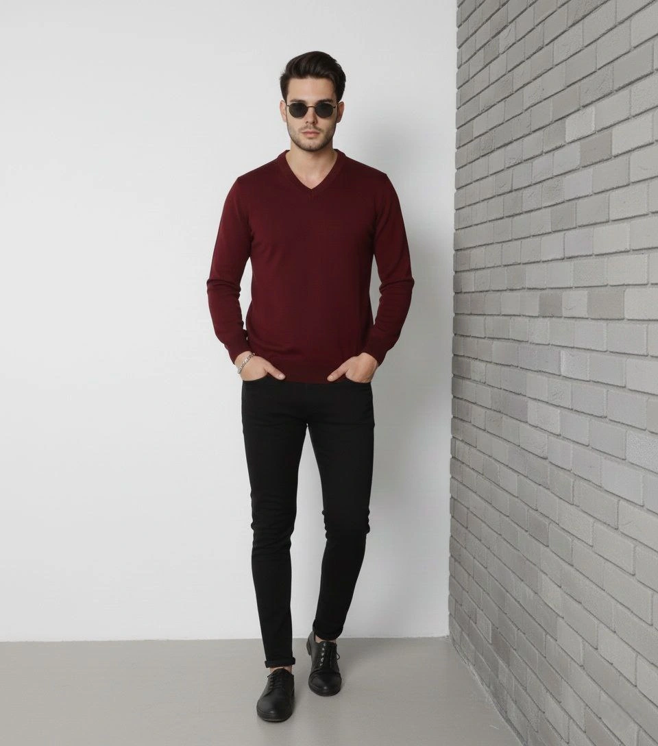 Erkek V Yaka Triko Kazak yumuşak dokulu Pamuklu ince Dokuma uzun kollu Regular – Bordo
