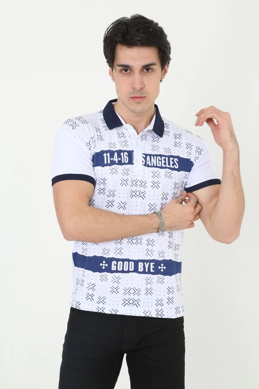 Erkek Polo Yaka Tişört Slim Fit Baskılı Kısa Kol T-Shirt – Beyaz