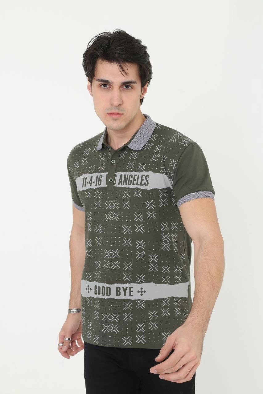 Erkek Polo Yaka tişört Slim Fit Baskılı Kısa kol T-Shirt – Haki