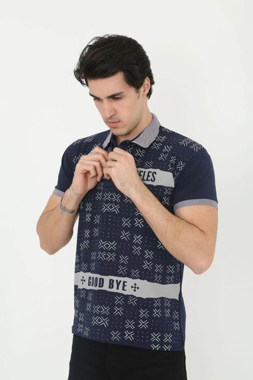 Erkek Polo Yaka tişört Slim Fit Baskılı Kısa kol T-Shirt – Lacivert