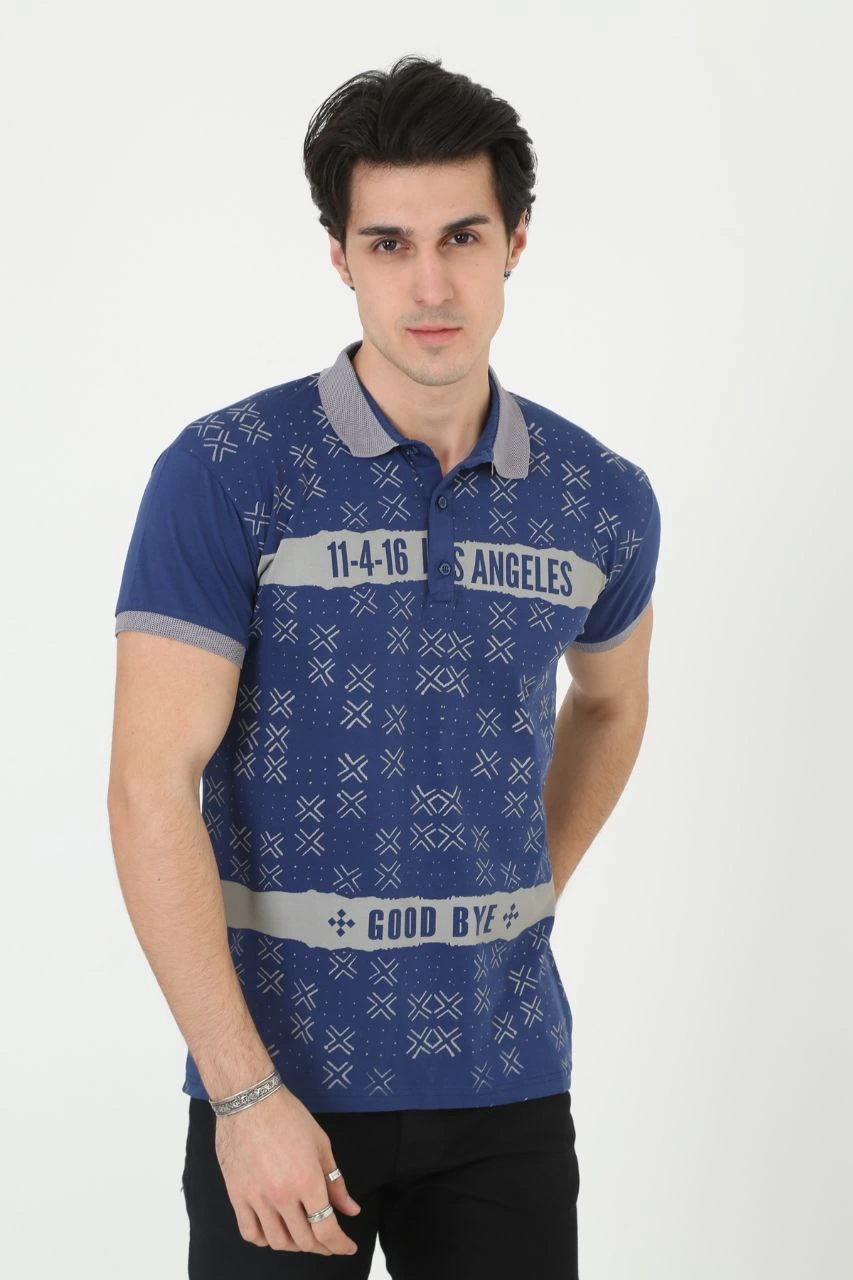 Erkek Polo Yaka tişört Slim Fit Baskılı Kısa kol T-Shirt – Mavi