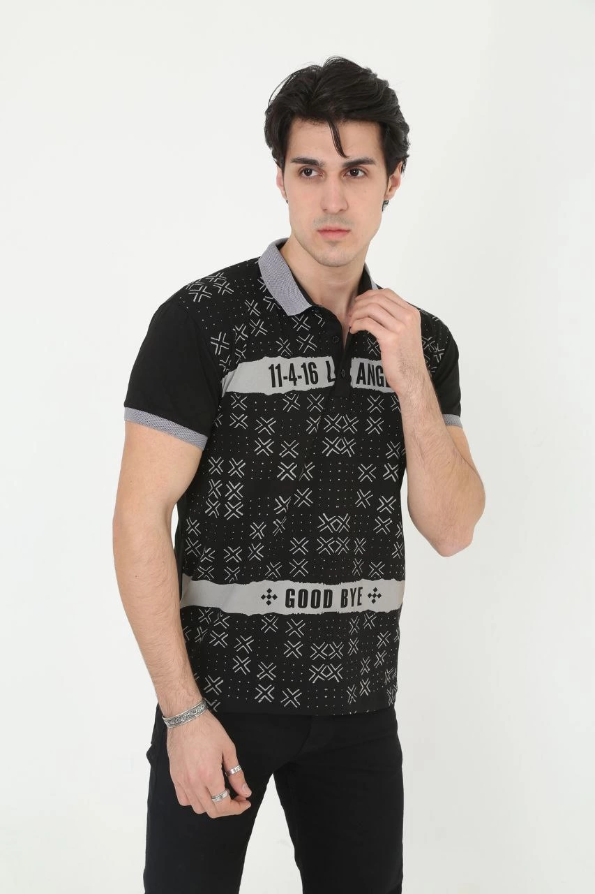 Erkek Polo Yaka tişört Slim Fit Baskılı Kısa kol T-Shirt – Siyah