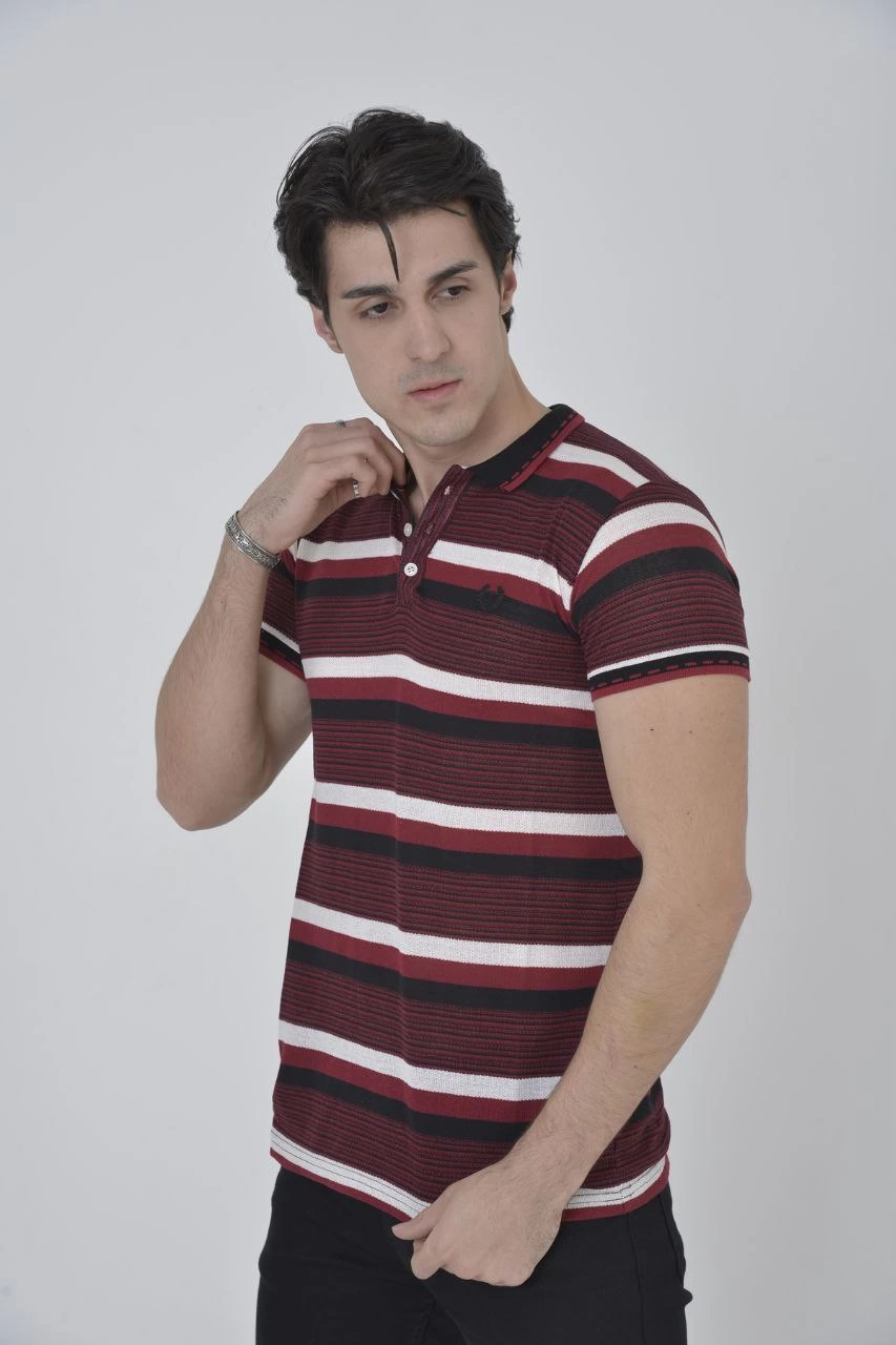 Erkek Polo Yaka tişört Slim Fit Dokuma Çizgili Kısa kol T-Shirt – Bordo