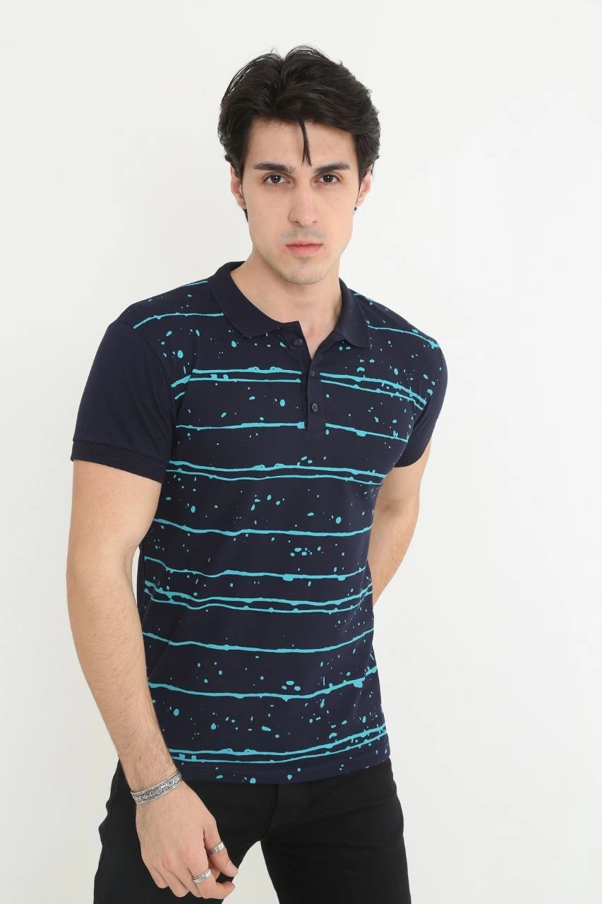 Erkek polo Yaka tişört Slim Fit Pike Çizgili  Kısa kol T-Shirt – Lacivert