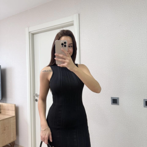 Kadın Fitilli Triko Elbise Kolsuz Sırtı Kapalı Maxi Uzun Boy – Siyah