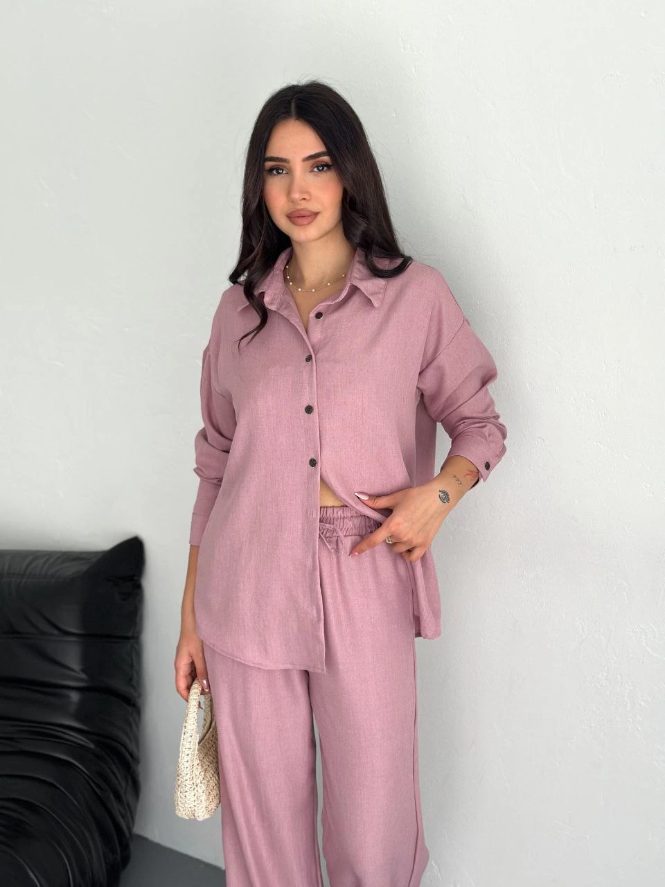 Kadın Gömlek Pantolon ikili Alt-Üst Takım – Toz Pembe