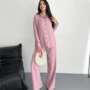 Kadın Gömlek Pantolon ikili Alt-Üst Takım – Toz Pembe