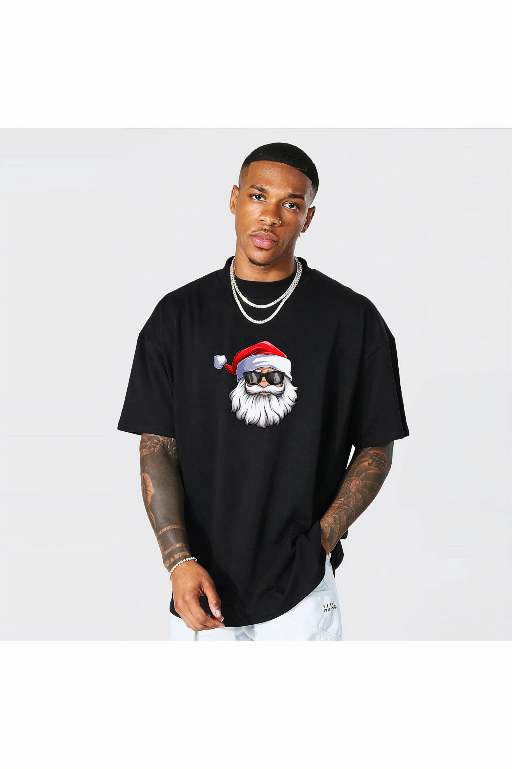 Yılbaşı Gözlüklü Noel Baba Baskılı Kısa Kollu Oversize Bisiklet Yaka T-shirt – Siyah
