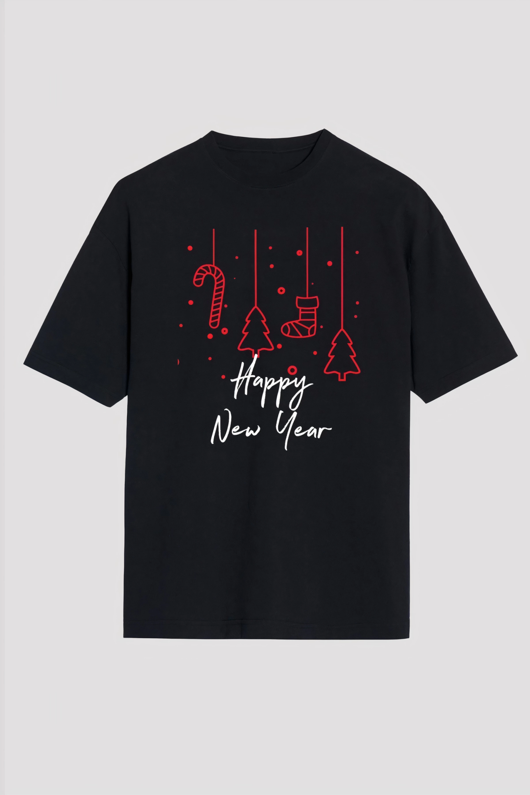 Yılbaşı Happy New Year Baskılı Kısa Kollu Oversize Bisiklet Yaka T-shirt – Siyah