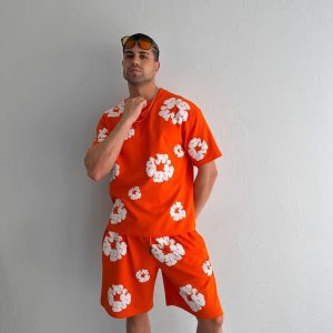 Erkek İki İplik Kumaş Oversize Baskılı T-shirt Şortlu ikili Alt-Üst Takım- Turuncu