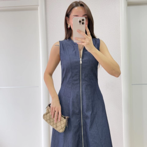 Kadın Jeans Kot Önü Tam Fermuarlı Uzun Elbise – Mavi