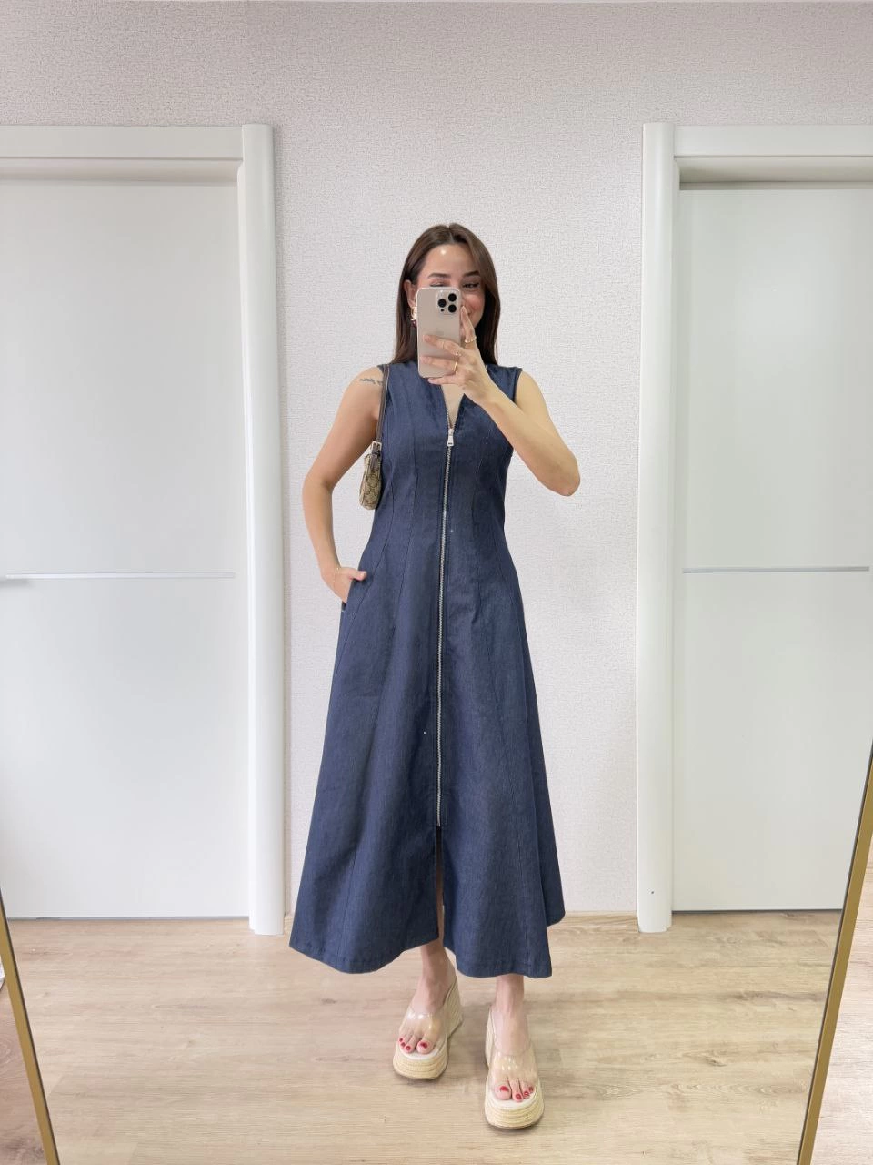 Kadın Jeans Kot Önü Tam Fermuarlı Uzun Elbise – Mavi