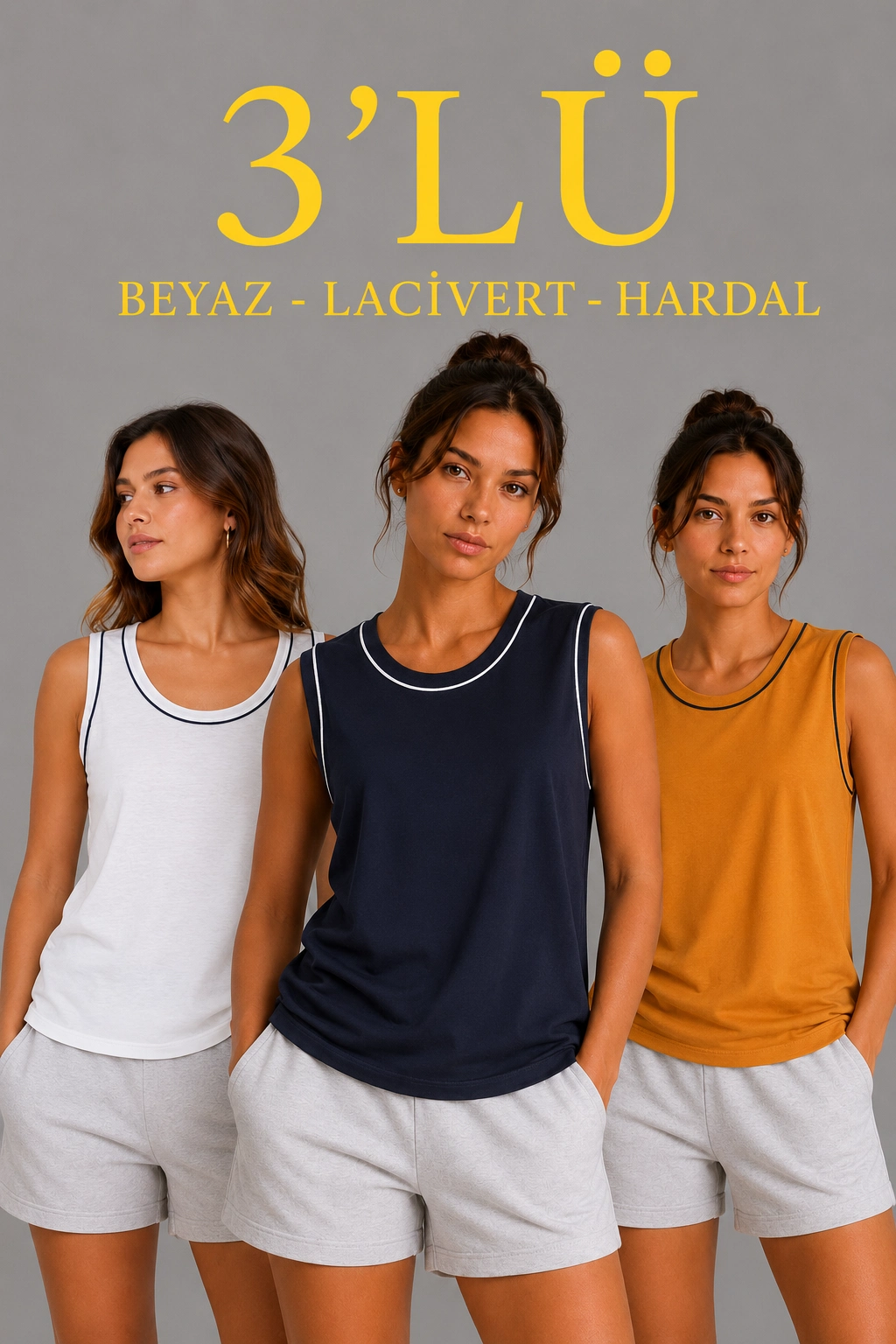 Kadın 3’lü Kolsuz Sporcu Atlet Seti Yazlık Bisiklet Yakalı – Beyaz, Lacivert, Hardal