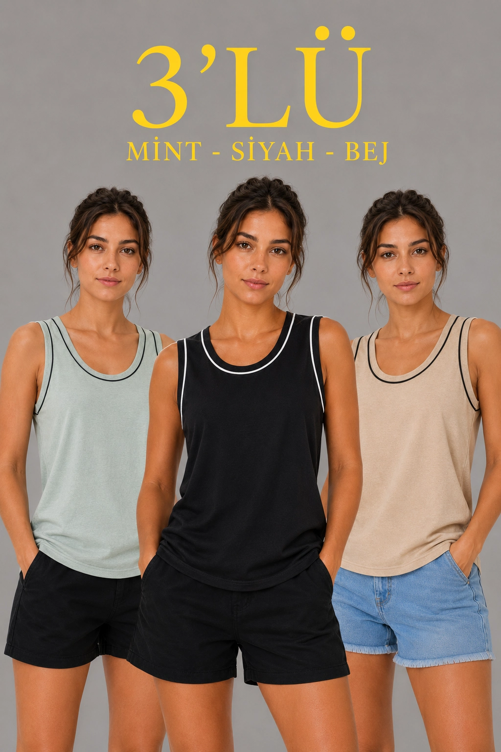 Kadın 3’lü Kolsuz Sporcu Atlet Seti Yazlık Bisiklet Yakalı – Mint Yeşili, Siyah, Bej